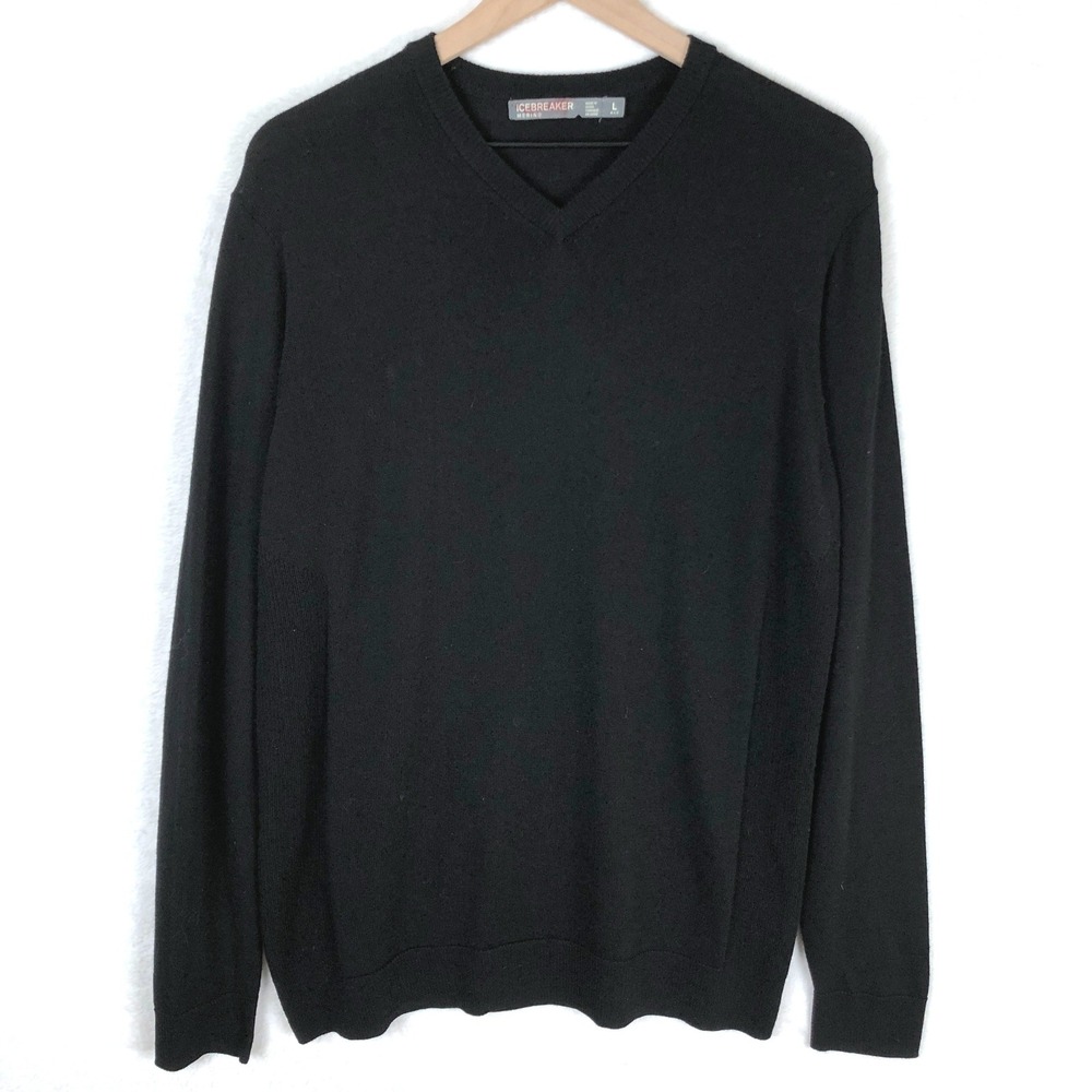ICEBREAKER 100% Merino Wool V-Neck Sweater Men's L Black Pullover Knit Luxury